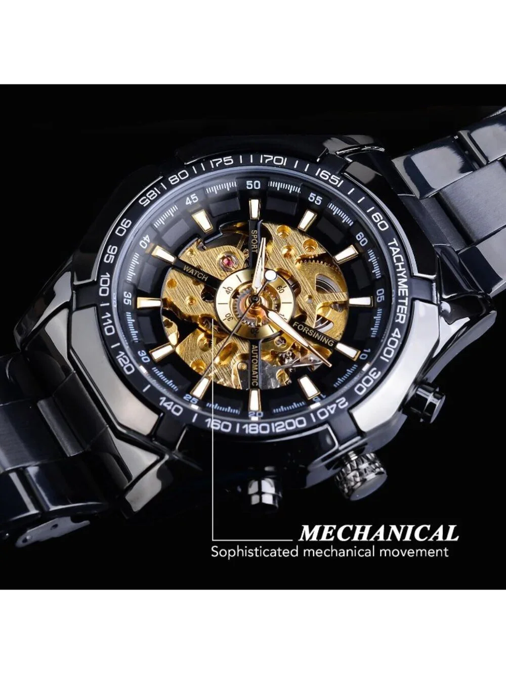 Men's Black Gold Self-Wind Skeleton Hollow Out Mechanical Automatic Luxury Watch